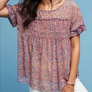 Anthropologie Deletta Robyn Smocked  Floral Blouse Size XS 100% Polyester